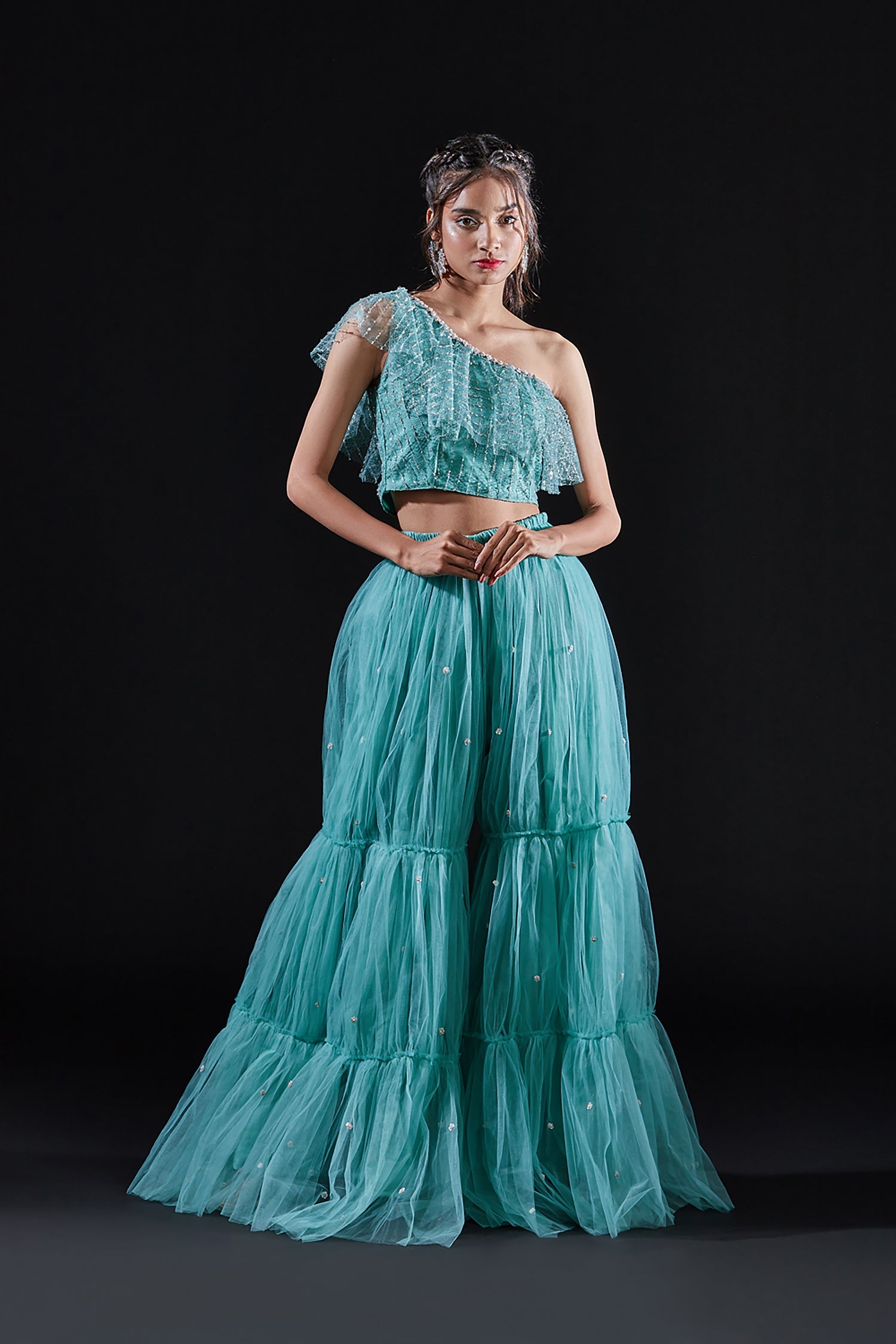 Blue Mesh & Tulle Embellished Sharara Set
