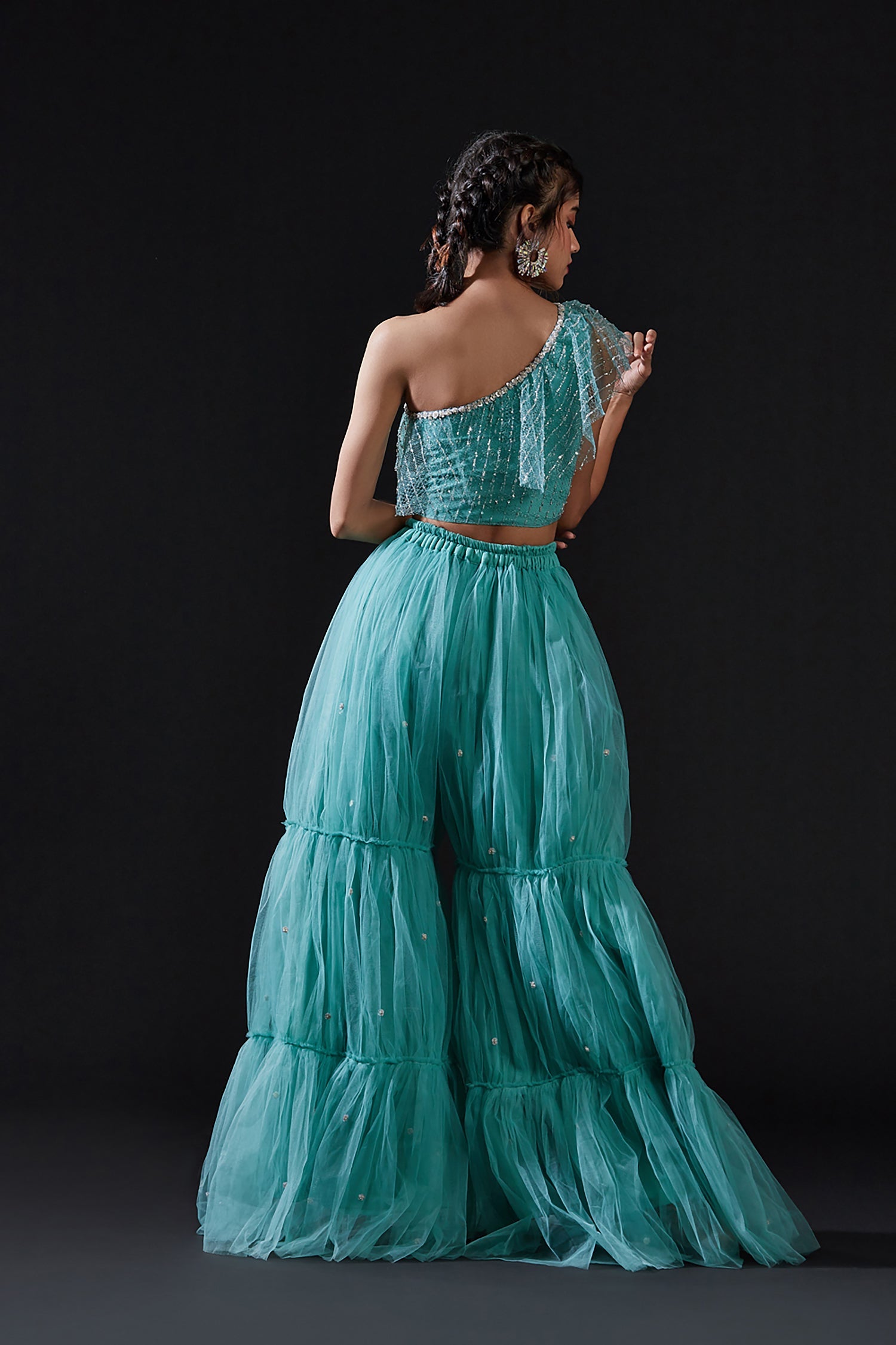 Blue Mesh & Tulle Embellished Sharara Set