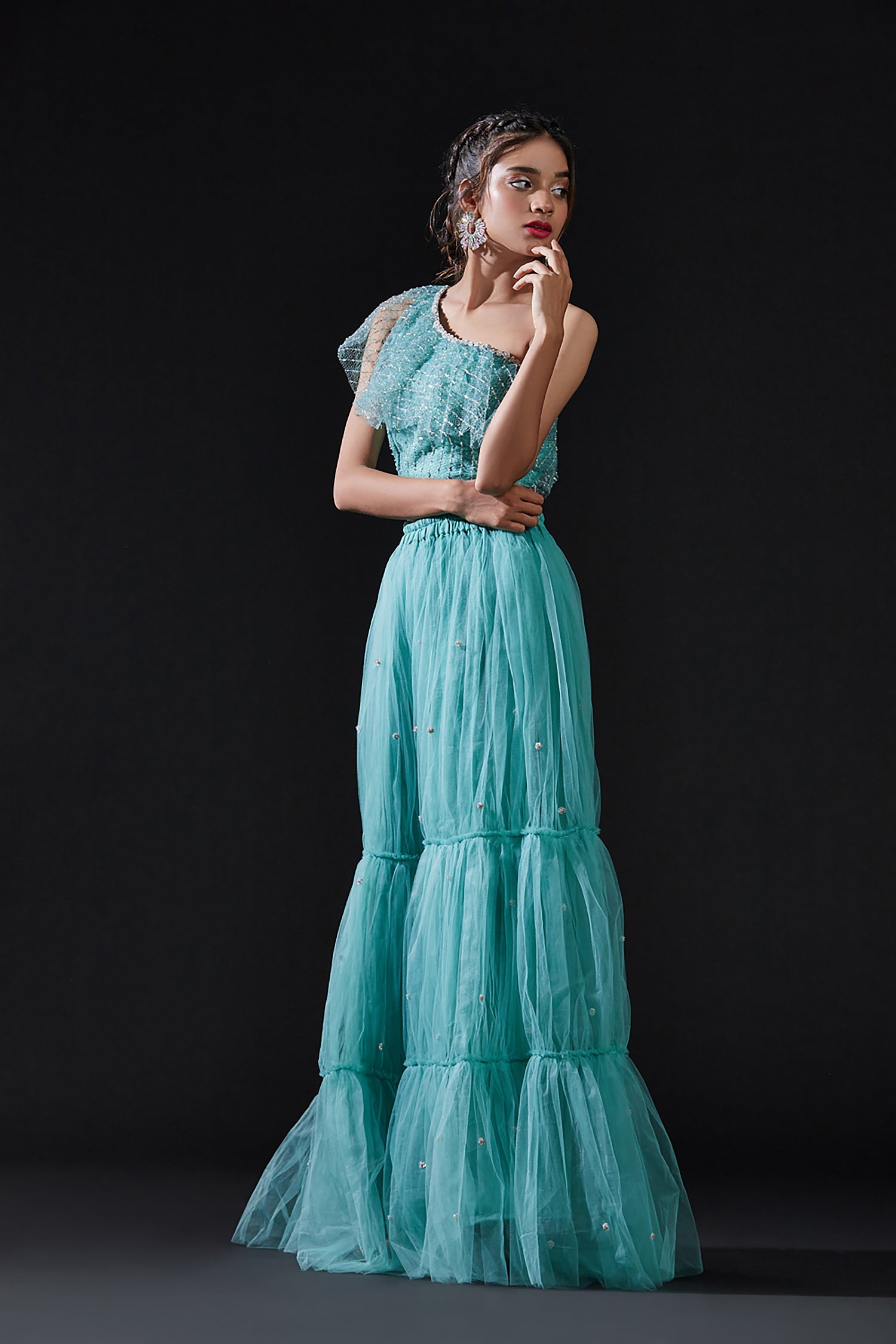 Blue Mesh & Tulle Embellished Sharara Set