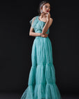 Blue Mesh & Tulle Embellished Sharara Set