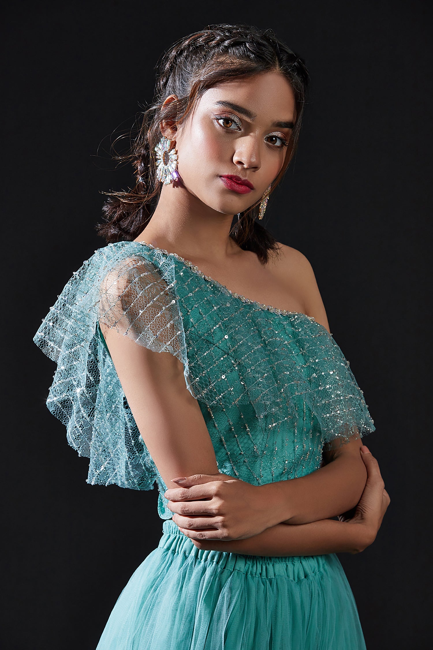 Blue Mesh & Tulle Embellished Sharara Set