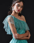 Blue Mesh & Tulle Embellished Sharara Set