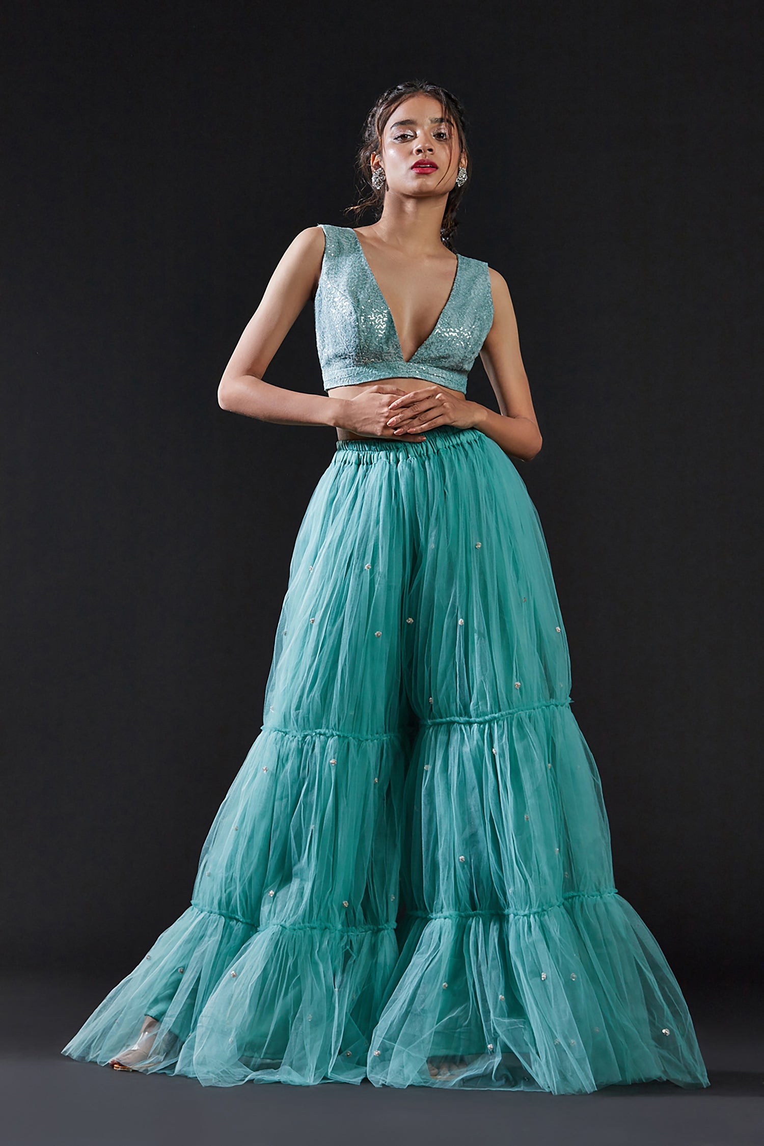 Blue Mesh & Tulle Embellished Sharara Set