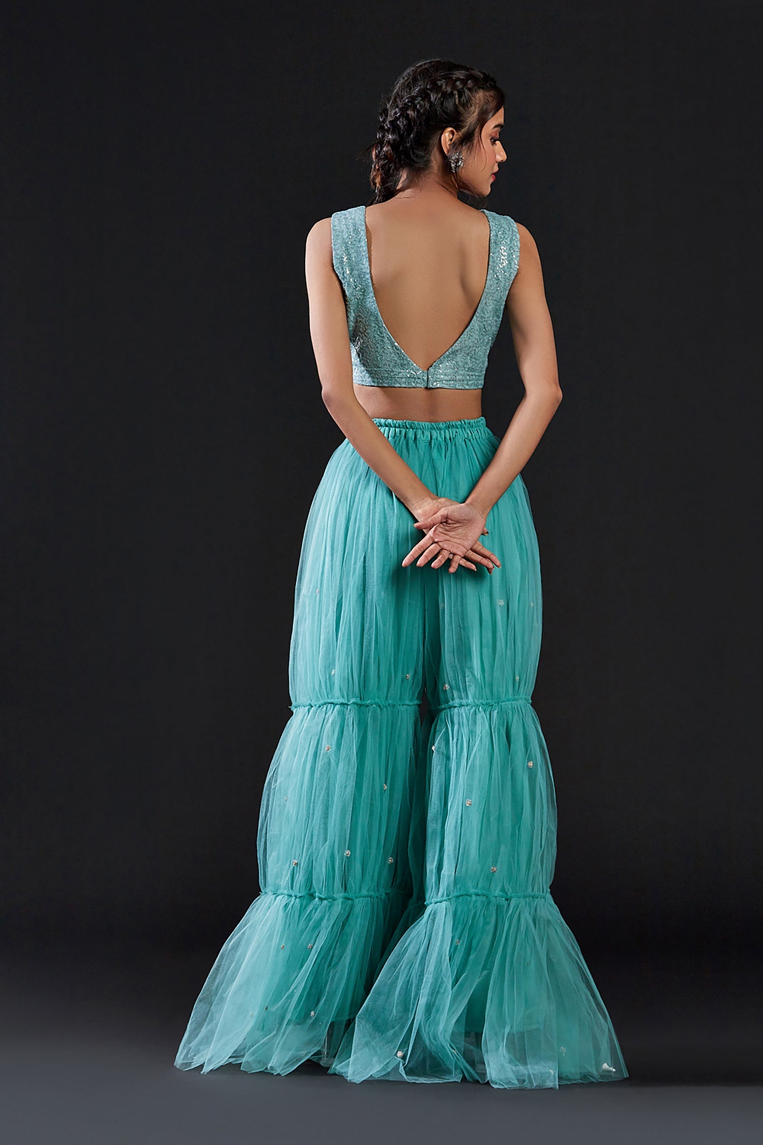 Blue Mesh & Tulle Embellished Sharara Set