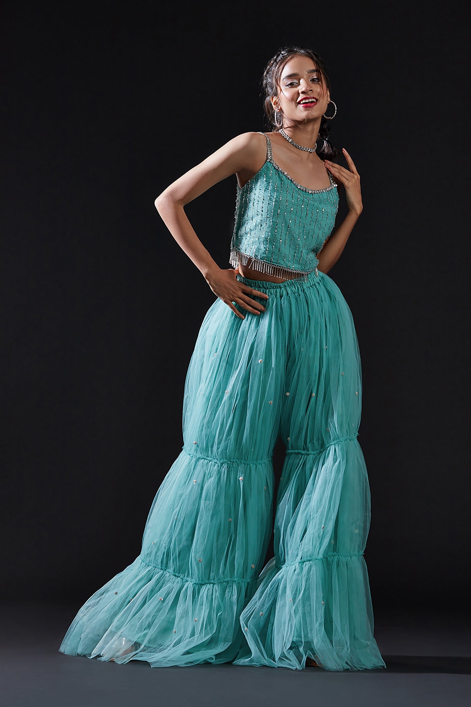 Blue Mesh & Tulle Embellished Sharara Set