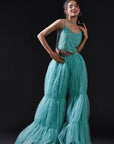 Blue Mesh & Tulle Embellished Sharara Set