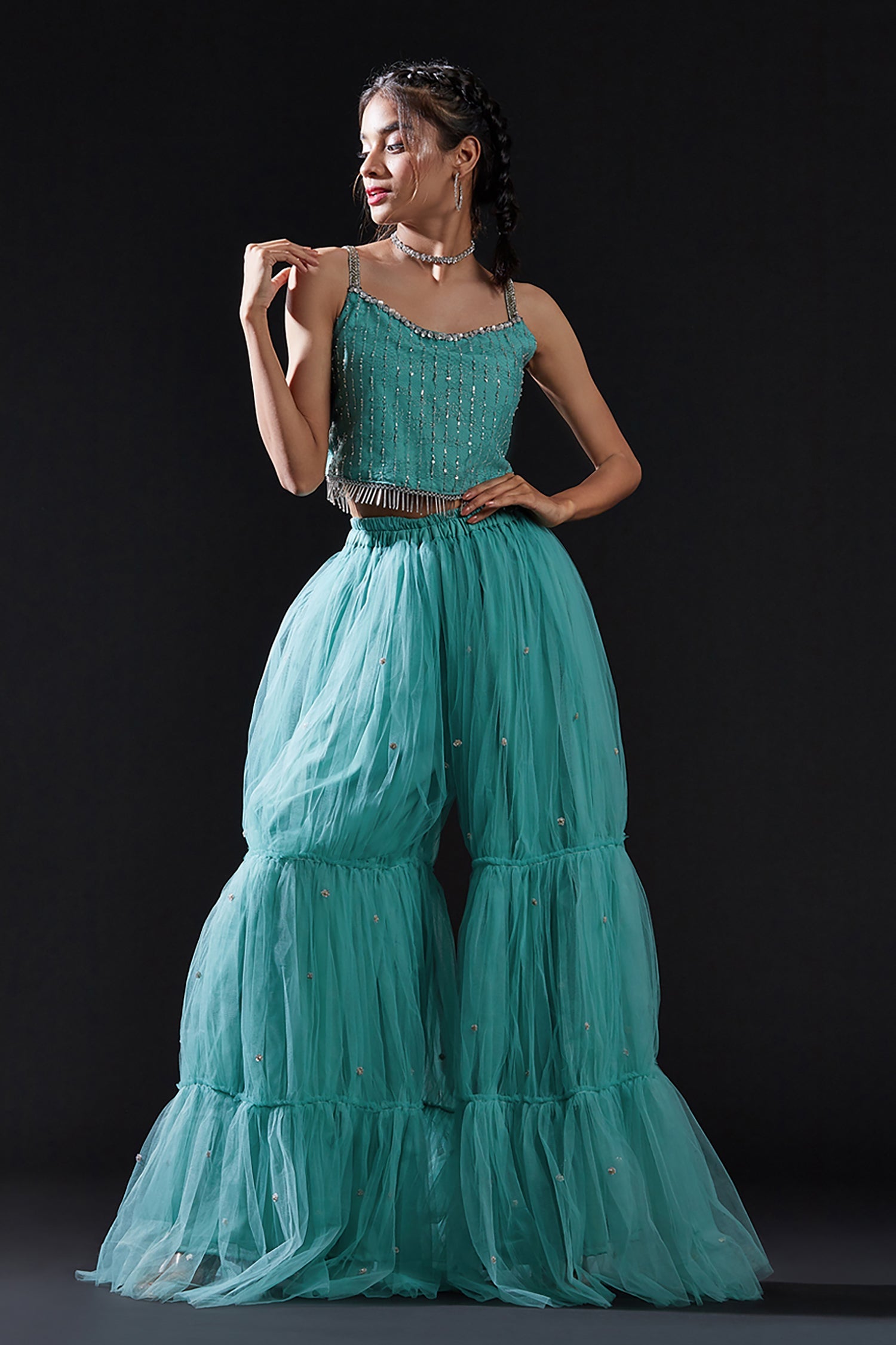 Blue Mesh & Tulle Embellished Sharara Set