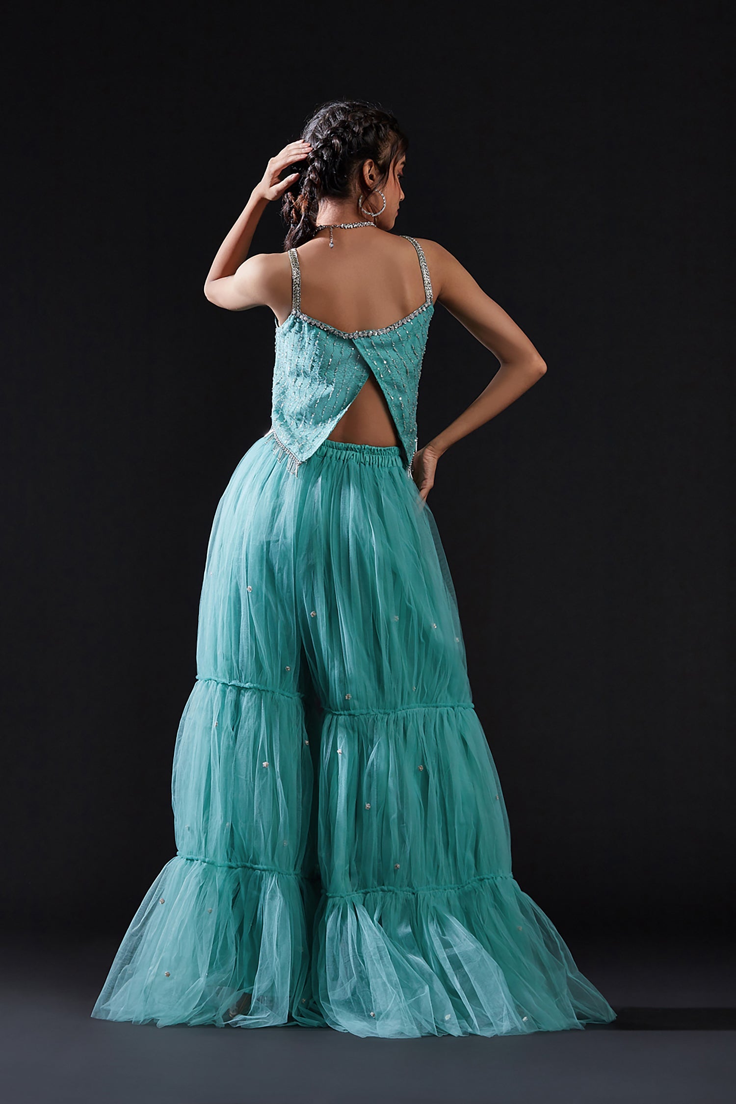 Blue Mesh & Tulle Embellished Sharara Set