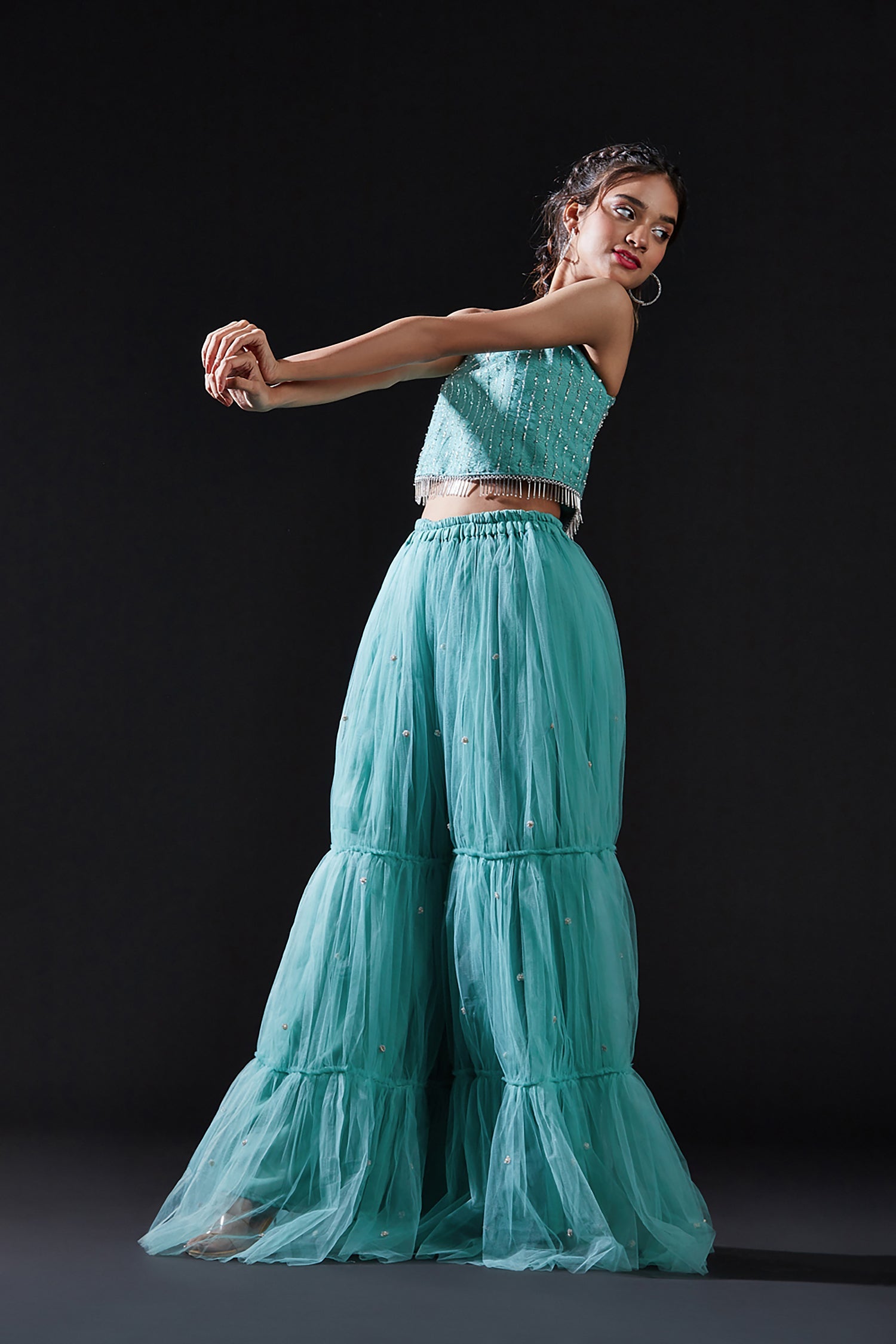 Blue Mesh & Tulle Embellished Sharara Set