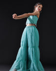 Blue Mesh & Tulle Embellished Sharara Set
