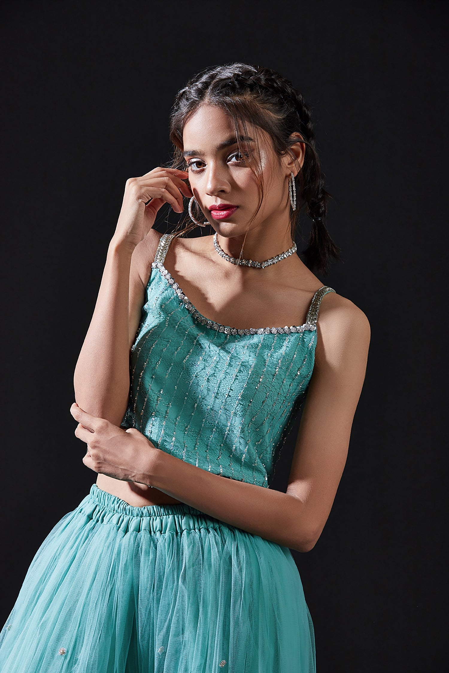 Blue Mesh & Tulle Embellished Sharara Set