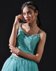 Blue Mesh & Tulle Embellished Sharara Set