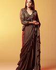 Dark Olive Gajji Silk Embellished Ruffled Saree