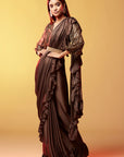 Dark Olive Gajji Silk Embellished Ruffled Saree