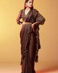Dark Olive Gajji Silk Embellished Ruffled Saree