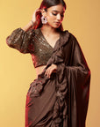 Dark Olive Gajji Silk Embellished Ruffled Saree