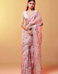 Pink Silk Organza Embroidered & Printed Saree Set