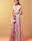 Pink Silk Organza Embroidered & Printed Saree Set