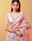 Pink Silk Organza Embroidered & Printed Saree Set