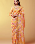 Mustard Silk Organza Floral Printed Saree Set