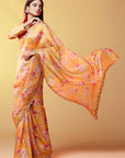 Mustard Silk Organza Floral Printed Saree Set