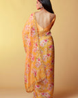 Mustard Silk Organza Floral Printed Saree Set
