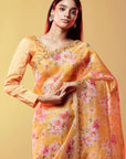Mustard Silk Organza Floral Printed Saree Set