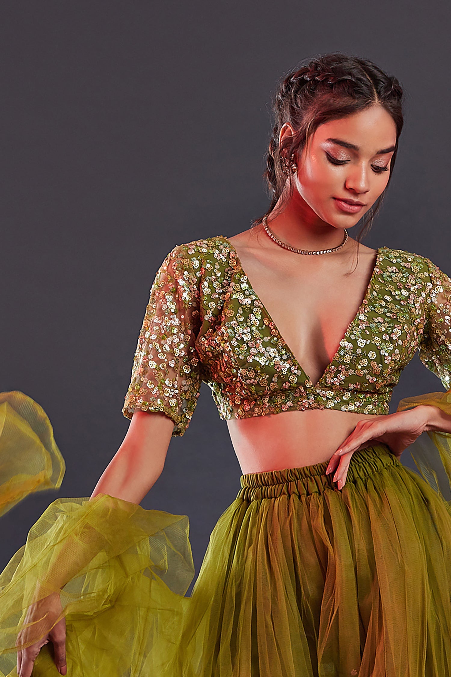 Olive Tulle Sharara Set