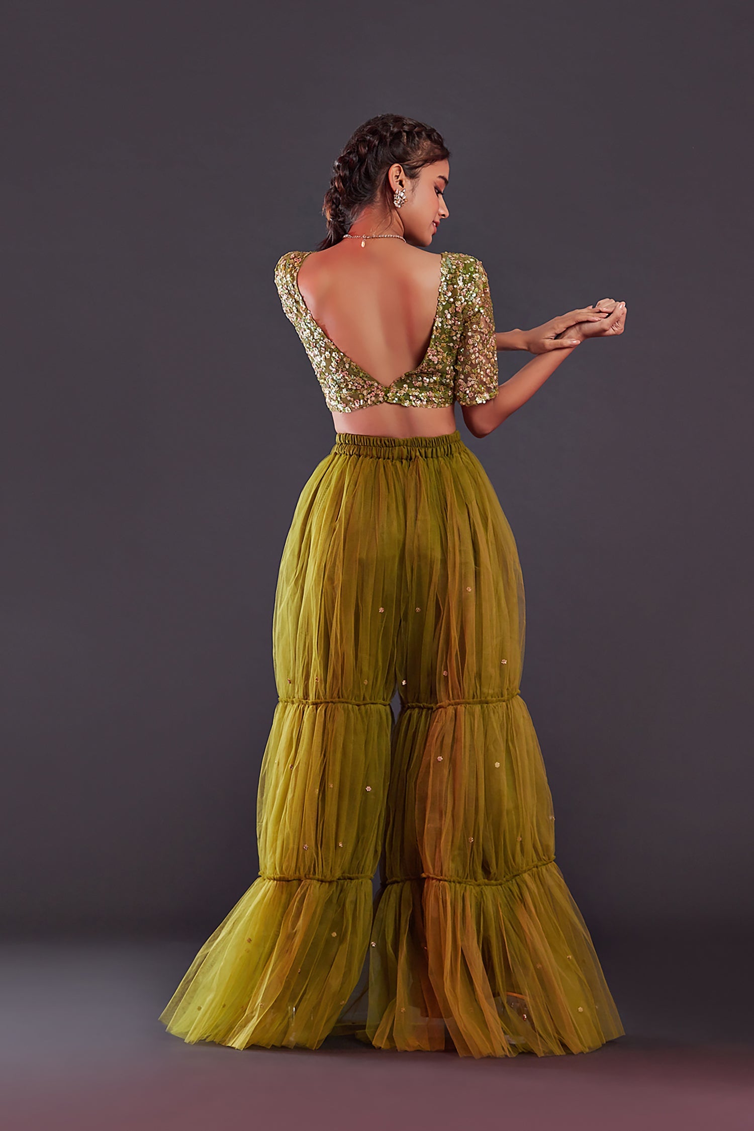 Olive Tulle Sharara Set