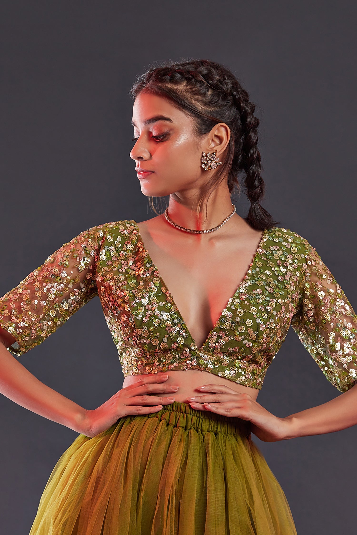 Olive Tulle Sharara Set