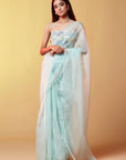 Blue Silk Organza Hand Embroidered Saree