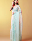 Blue Silk Organza Hand Embroidered Saree