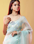 Blue Silk Organza Hand Embroidered Saree