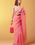 Pink Silk Organza Hand Embroidered Saree