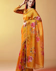 Mustard Silk Organza Floral Printed Handmade Saree Set