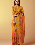 Mustard Silk Organza Floral Printed Handmade Saree Set