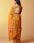 Mustard Silk Organza Floral Printed Handmade Saree Set
