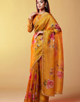 Mustard Silk Organza Floral Printed Handmade Saree Set
