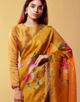 Mustard Silk Organza Floral Printed Handmade Saree Set