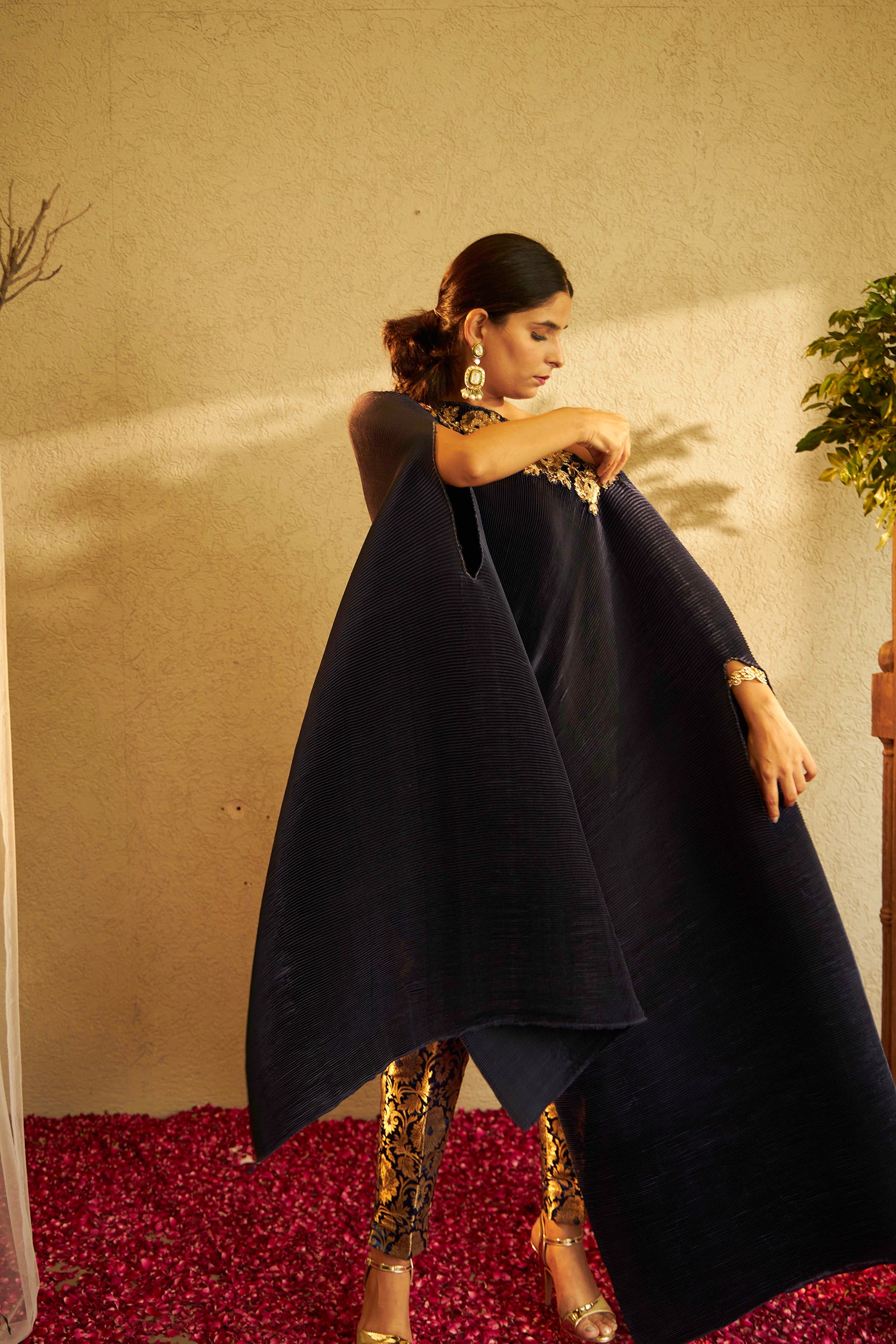 Divine Embroidered Cape with Brocade Pants - Blue