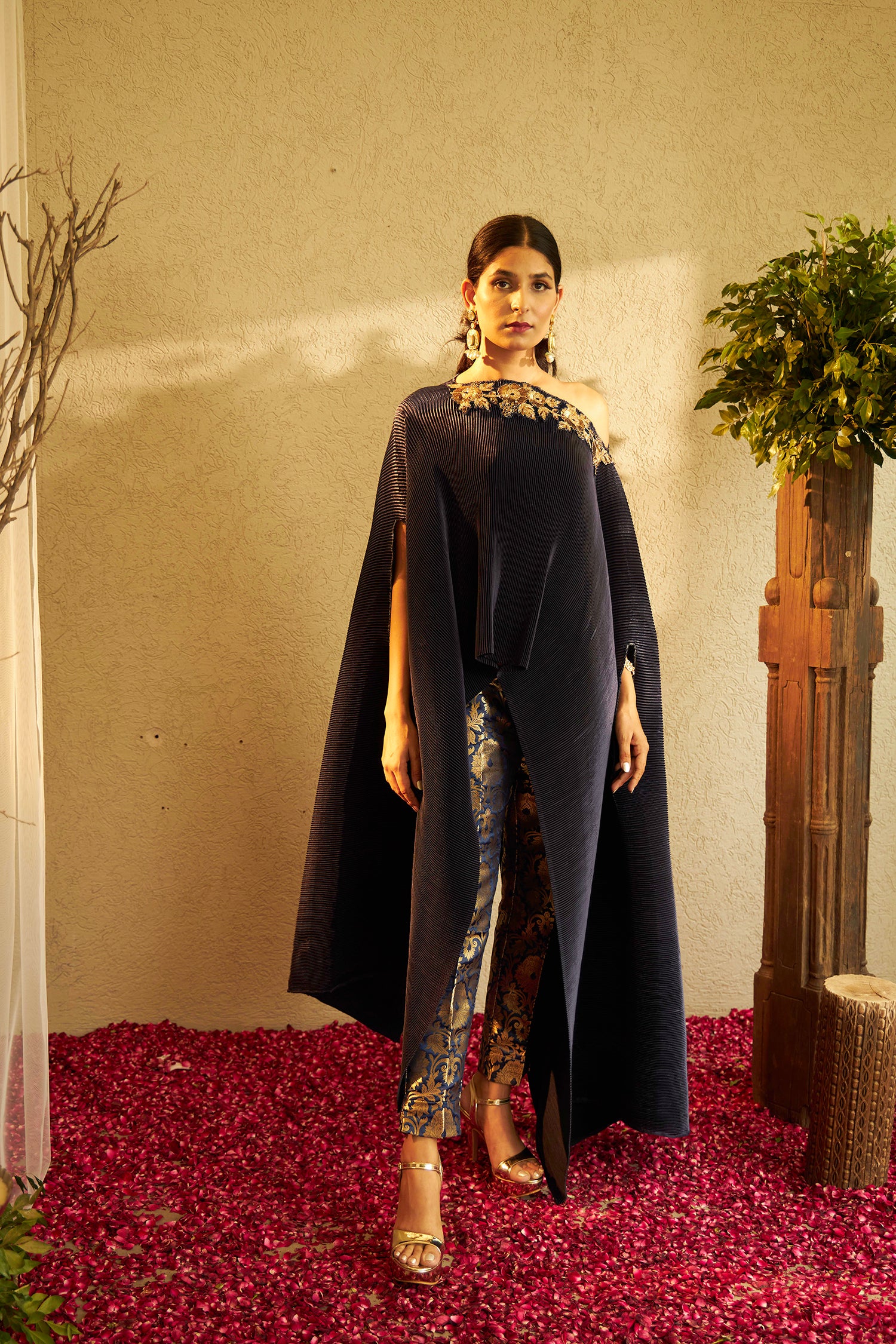 Divine Embroidered Cape with Brocade Pants - Blue