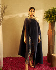 Divine Embroidered Cape with Brocade Pants - Blue