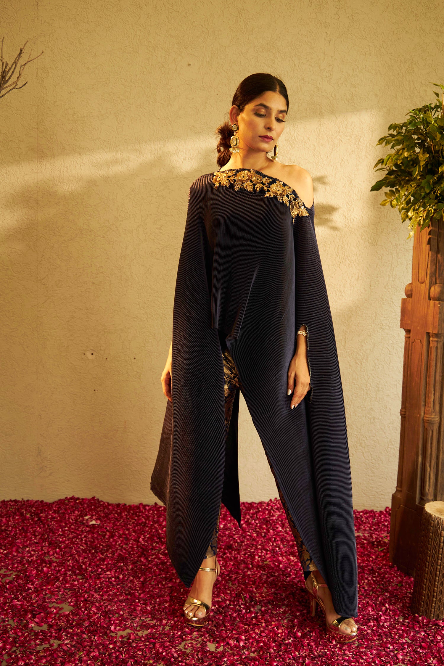 Divine Embroidered Cape with Brocade Pants - Blue