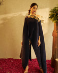 Divine Embroidered Cape with Brocade Pants - Blue