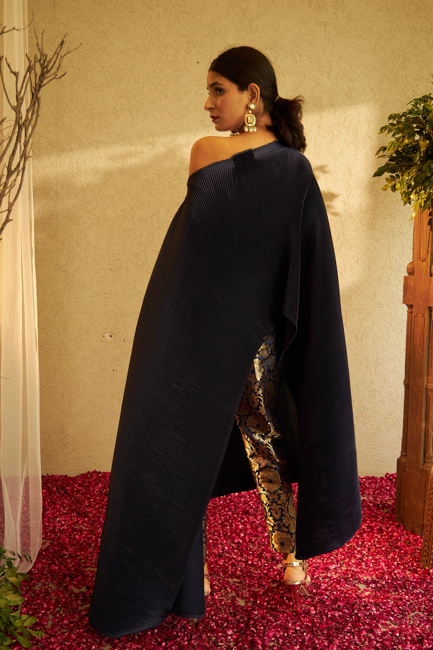 Divine Embroidered Cape with Brocade Pants - Blue