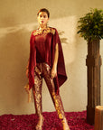Divine Embroidered Cape with Brocade Pants - Maroon
