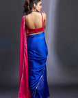 Electric Blue & Rani Satin Embellished Color-Blocked Saree Set