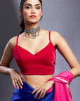 Electric Blue & Rani Satin Embellished Color-Blocked Saree Set