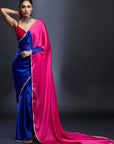 Electric Blue & Rani Satin Embellished Color-Blocked Saree Set