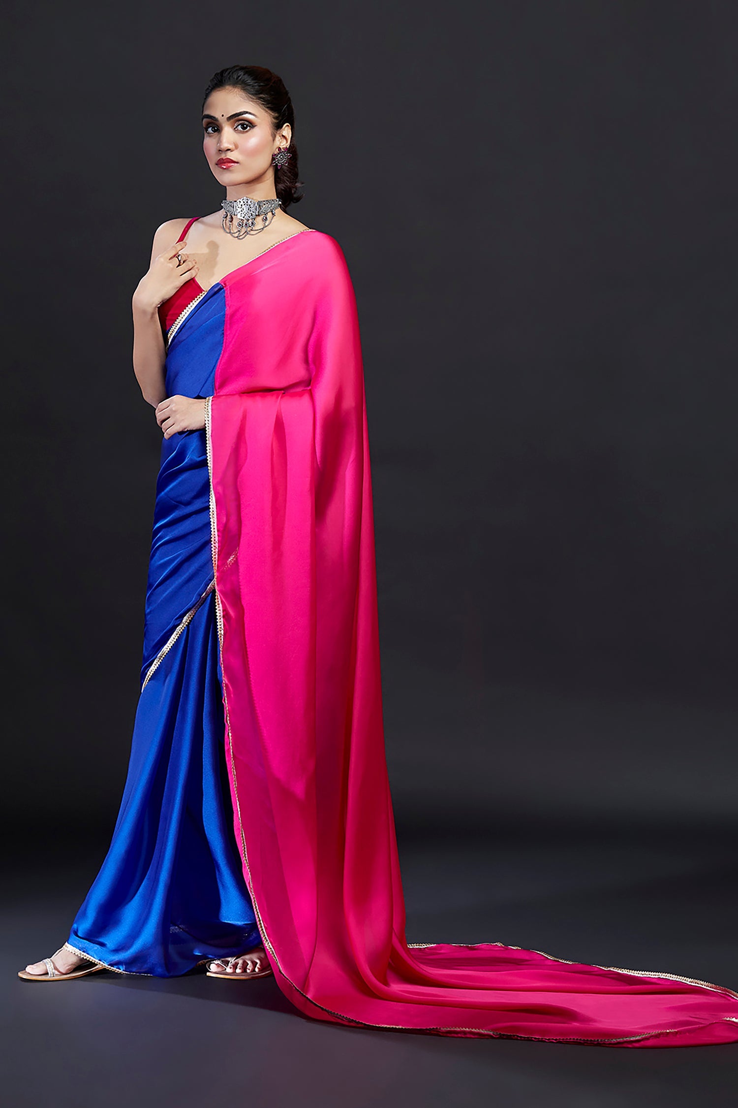 Electric Blue & Rani Satin Embellished Color-Blocked Saree Set